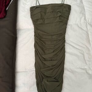 Khaki colored Homecoming or Winter Formal spaghetti strap mini dress